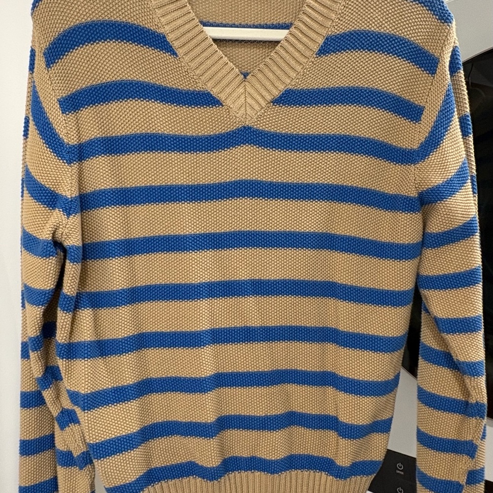 Able V-Neck Sweater in Blue and Tan Stripes